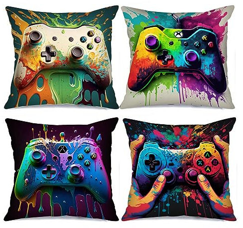 Tucocoo Game Console Picture Cushion Covers Watercolour Graffiti Pillow Covers Decorative 18x18inch Set of 4 Modern Style Art Pillow Covers Video Game Throw Pillow Cases for Couch Sofa Living Room