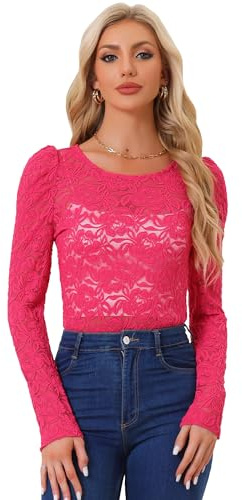 Allegra K Donne Puff Lungo Manica Semi Puro Floreale Laccio Top Rosa Caldo M