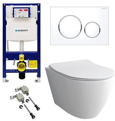 Alpenberger Wand WC Spülrandlos mit WC Sitz mit Absenkautomatik | Kloschüssel mit WC Spülkasten Bausatz Betätigungsplatte | Vorwandelement WC Set Komplett | Passend Geberit (9024)