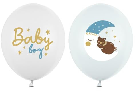 Set 10 Luftballons Baby Boy Junge Baby-Bär Teddybär Sterne Mond Blau Deko Ballon Babyparty Geburt Baby Shower Gender Reveal Party Luftballon, Made in EU