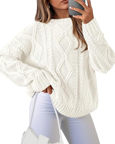 BTFBM Casual Women Long Sleeve Sweater 2025 Fall Ribbed Knit Pullover Loose Crewneck Cable Sweater Jumper Tops(Beige White,Large)