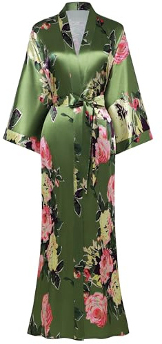 BABEYOND Kimono-morgonrock, för dam, lång pyjamas, satinkimono med bälte, Grön, one size