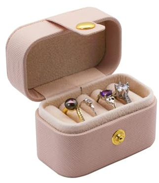 AfitLulu Ringbox Mini Ringschatulle Reisen Ring Aufbewahrung Pu-Leder Ringkästchen mit 4-Ringschlitze, Schmuckkästchen Ringe Tragbar Ring Schachtel für Reisen Geschäftsreisen (Pink)