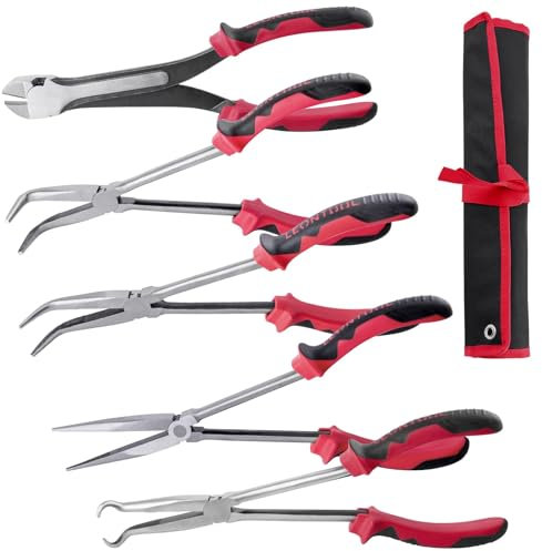 LEONTOOL 5PCS 11 Inch Extra Long Needle Nose Pliers Set, Long Reach Straight, 45 & 90 Bent, Circle, Diagonal Pliers for Narrow Spaces
