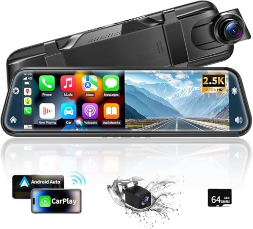 9.66 Mirror Dash Cam Front and Rear 2.5K+1080P, Car Camera with CarPlay and Android Auto, Rear View Mirror Dash Cam WDR Camera Night Vision Parking Assist Voice Control (with 64GB Card)