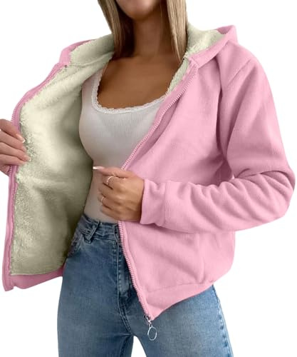 amropi Femmes Veste à Capuche Chaud Doublure Polaire Sweat-Shirt Hiver Zippée Manteaux Rose,M
