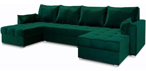 Masseno Ecksofa NAKO mit Schlaffunktion U-Form, Sofa mit Bettkasten, Wohnzimmersofa, Couch, Soffa, Bettsofa, Couchgarnitur- Grün, Kronos 19