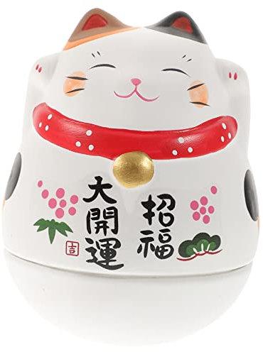 Warmhm Keramik Tumbler Glückskatze Figur Weiß Mit Schwarzen Ohren Stabiles Dekor Desktop Schmuck Feng Shui Geschenk Für Büro Und Zuhause