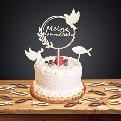 Qaziuy Kommunion Cake Topper, 3 Stück Holz Taube & 72 Stück Holz Fische Streudeko, Erstkommunion Deko, Braun