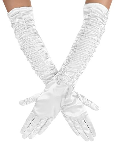 Yolev Brauthandschuhe Hochzeit Ellenbogenlange Handschuhe Hochzeit Braut Handschuhe Damen Satin Plissee Fingerhandschuhe Lang 1920er Jahre Tanzhandschuhe für Oper Teeparty Kostüm (Weiß)