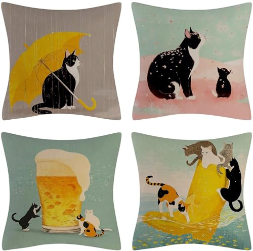 MEILIHEN Leinen Kissenbezug 45x45 Süße Katze Kissenhülle 4er Set Sofakissen Dekokissen Bezug für Couch Sofa Kissenbezüge Outdoor Deko Zierkissen Couchkissen