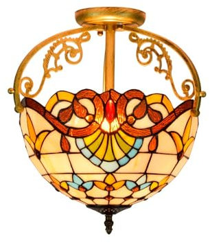 CraftedGlass Lámpara de techo estilo Tiffany semiempotrada de 30 cm con vitrales amarillos, estilo barroco, estilo vintage, for sala de estar, comedor, dormitorio y pasillo.