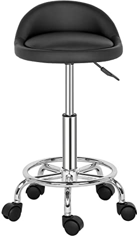 LEADZM Tabouret de Bureau Ergonomique avec Dossier – Tabouret à roulettes Pivotant 360°, Hauteur Réglable, Revêtement PU Résistant – pour Massage, Coiffure, Bureau & Clinique (Noir, 53 * 53 * 73cm)