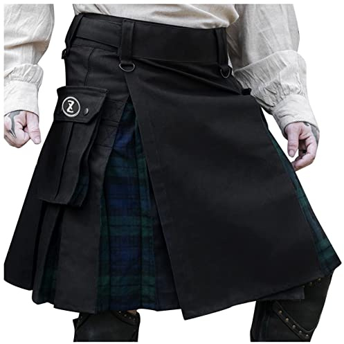 Kilt escocés hombre falda escocesa para hombres tartán irlandés faldas fiesta tradicional guerrero escocia falda plisada vintage gótico ropa kilt utilidad, Negro , M