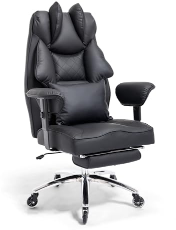 Asukale Ergonomischer Bürostuhl 200kg, Chefsessel mit Fußstütze | XXL Schreibtischstuhl, 90–135° Rückenlehne, Höhenverstellbar, W-Form Sitzkissen, Lendenkissen, Leder Schwarz