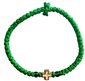 Terra Greek Handgefertigtes christlich-orthodoxes Komboskoini Chotki Gebetsband - Grün mit weißem Kreuz - Gewachste Hand Armband