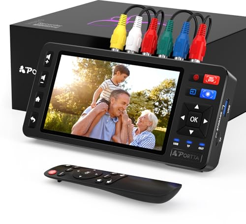 PORTTA Convertitore VHS a digitale con schermo HD da 5, registratore di acquisizione video, converte in MP4 compatibile con VHS, VCR, DVR, DVD, Hi8, videocamere (nastri/lettore DVD non inclusi)