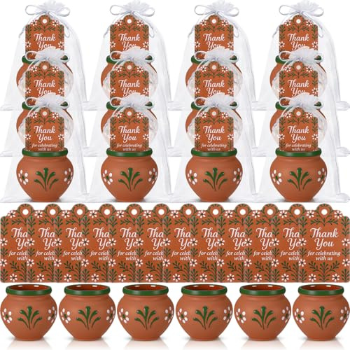 Gejoy 12 Sets 3 oz Cantaritos De Barro Mexicanos Cantaritos Shooters Mini Pottery Clay Cups Jarritos De Barro Mexicano Taco Tuesday Cocktail Cups with Cards Organza Bags for Tequila Margaritas Mojitos