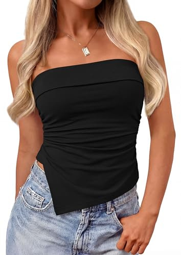 PRETTYGARDEN Going Out Tube Tops for Women Trendy Summer 2026 Asymmetrical Ruched Strapless Bandeau Shirts Spring Clothes (Black,Small)