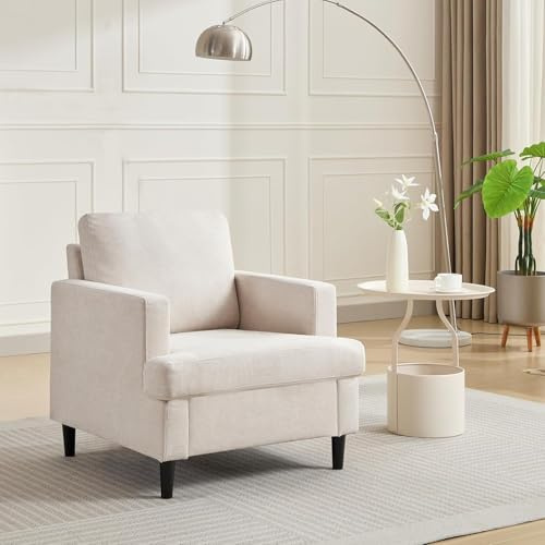 Sillón moderno con acento, sillas extragrandes para sala de estar, cómodo sillón tapizado en lino con cojín grueso, sofá de mediados de siglo, sillón de lectura para sala de estar y dormitorio, beige