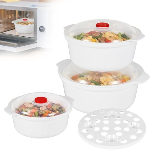 Ghshanog Set of 3 Microwave Food Containers, Microwave Bowls with Vented Lids, Plastic Soup Bowls with Steam Rack, 3 Sizes Deep Bowl Set for Serving Oatmeal Cereal Salad Soup Noodle