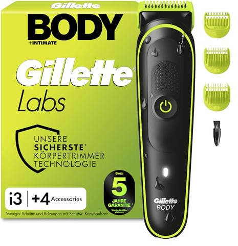 Gillette Labs Body + Intimate Tondeuse Homme i3, Tondeuse Corps et Zone Intime, Étanche, Dotée de la Technologie SkinFirst, Coffret Homme avec 2 Sabots, Batterie Rechargeable Incluse