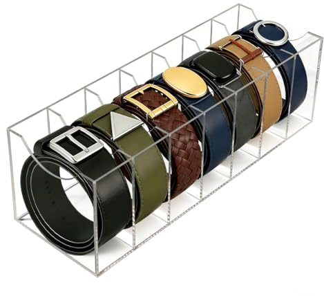DIBALIYI Acryl Gürtel Organizer, Gürtel Aufbewahrung mit 7 Fächern | Transparente Gürtelhalter für Closet, Gürtel Box Container für Drawer, Display Stand für Accessoires Uhren Krawatte