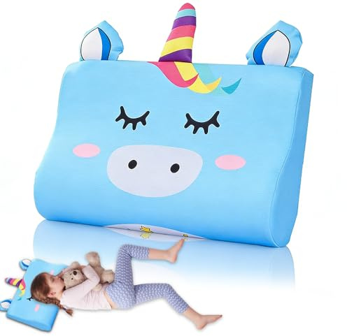 Schlummerkids kudde, SGZIOO 45 x 27 x 6 cm Calmly barnkudde, ventilerande kudde barn, unika djur barnkuddar, ergonomisk snooze-kudde barn för småbarn sömn, blå enhörning