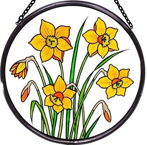 RUNADI Dekorativer Handbemalter Glasmalerei-Sonnenfänger im Narzissen-Design. Suncatcher, Gelb, Rund, Muttertag, Glas, Hängend