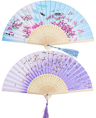 Hotop 2 Pieces Folding Fans Handheld Fans Bamboo Fans with Tassel Women's Hollowed Bamboo Hand Holding Fans for Wall Decoration, Gifts (Blue Peach Blossom and Purple Cherry Pattern)
