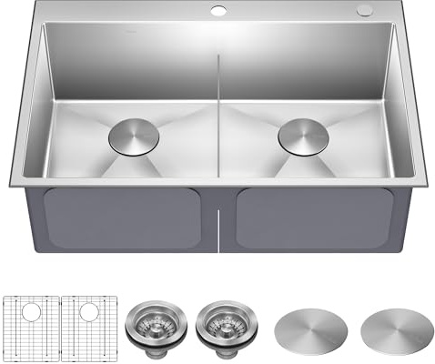 KRAUS Standart PRO 33-inch Drop In/Undermount 16 Gauge Double Bowl 2-Hole Stainless Steel Kitchen Sink, KHT302-33