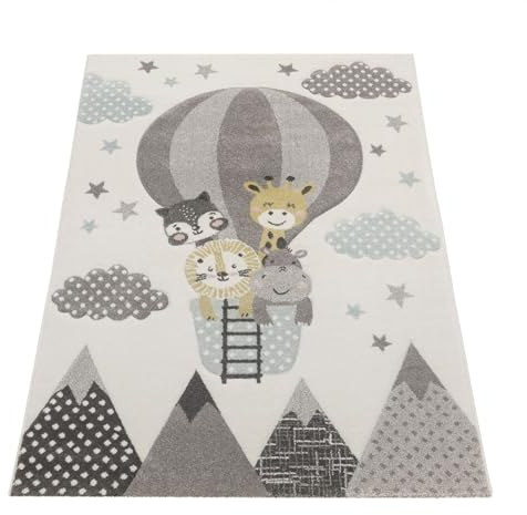TT Home Kinderteppich 3D Optik Konturenschnitt Dschungeltiere Luftballon Motiv In Creme, Farbe:Creme, Größe:140x200 cm