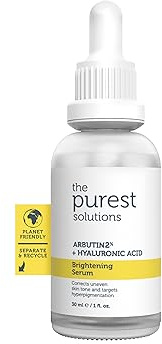 The Purest Solutions Upplyst serum (arbutin 2% + hyaluronsyra) - Eliminerar ojämlikheter i hudton och stöder glänsande, levande hud - vegan, grymhetsfri | miljövänlig (