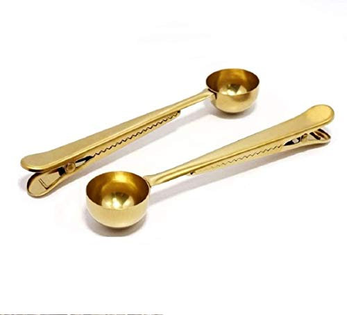Kaffeelöffel Clip Tee-Schaufel Beutel Clip Kaffee-Beutel Clip Schaufel Lebensmittelqualität 304 Edelstahl gemahlener Kaffee Messlöffel/Schaufel mit Beutelclip (2 Stück, goldfarben)
