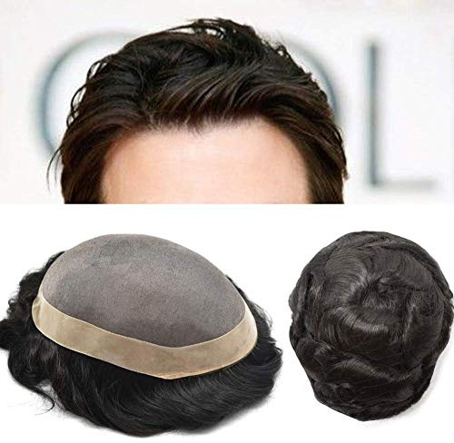 LYRICAL HAIR Mens Toupee Fine Mono Lace Human Hairpiece PU Poly Skin Around Hair System Durable Monofilament Wig Black Brown Hair Replacement for Men (7x10, 1# - Jet Black)