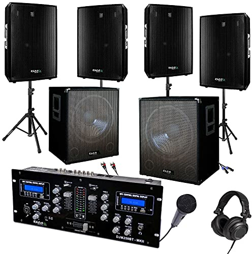 IBIZA SOUND LIGHT Pack Sono MEGAS BASSES 4400W avec 4 Enceintes 2800w Total - 2 Caissons 1600w Total - 1 Table de Mixage DJM250-BT USB BLUETOOTH - 4 Pieds - Micro et Casque + Cables OFFERTS