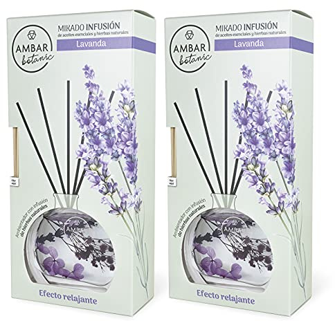 Ambar Botanic Ambientador Mikado Infusión Lavanda con aceites esenciales y hierbas naturales. 0% Alcohol, +3 meses duración. (Pack 2 uds. x 75 ml)