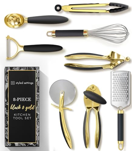 Styled Settings Ustensiles de cuisine noirs et dorés, 8 pièces, noir et doré