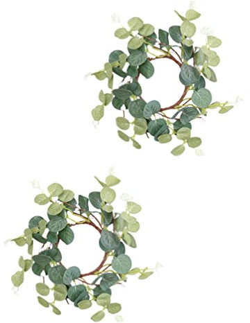 Lot de 2 Anneaux de Bougie de Pâques artificiels : Mini couronnes de Bougie d'eucalyptus de 8 cm - Bougeoir pour Mariage, décoration d'intérieur