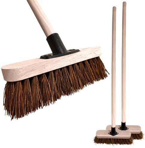 10” Garden Broom Outdoor with Wooden Handle Natural Stiff Bassine Hard Bristle with Durable Support Bracket Yard Brush Heavy Duty Push Broom Outdoor Stiff Sweeping Yard Brush (Pack of 2)