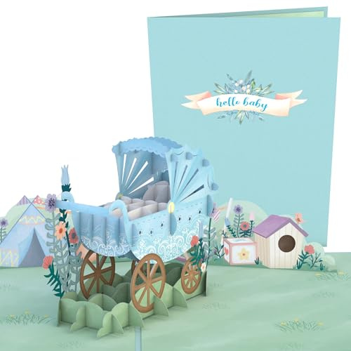 Lovepop® 3D Pop-Up Grußkarte Blauer Kinderwagen Baby Geburt Junge | Besondere Glückwunschkarte zur Schwangerschaft & Babyparty | inkl. Umschlag & Versteckfach
