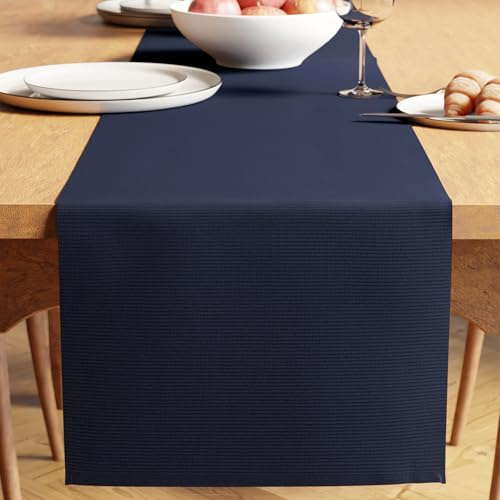 Encasa XO Yarn Dyed Cotton Table Runner, Fine Ribbed 32x200 cm Blue
