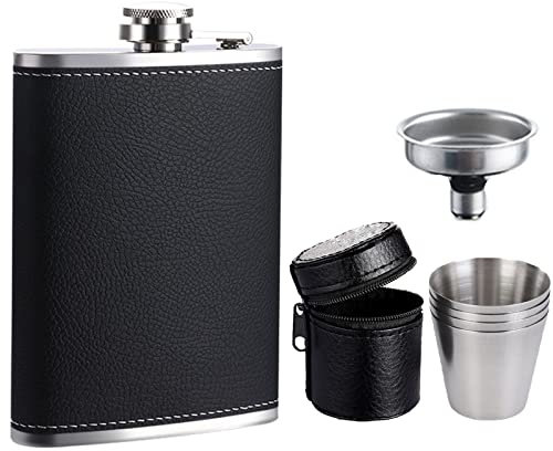 Flachmann Edelstahl, 8oz /240 ml Geschenk Flachmann Set, Flachmann aus schwarzem Leder Geeignet mit 4 Bechern und Trichter, Flachmann Trauzeuge Fragen Mann Geschenke