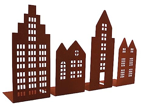 UNUS Home Deko Häuser Metall, Windlicht Teelichthalter Lichthaus, 4er Set | Buchstützen Bücherhalter, Gartenstecker Balkon