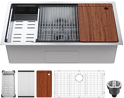 VEVOR 32 inch Kitchen Single Sink, 304 Stainless Steel Undermount Sink Drop-In Single Bowl Farmhouse Basin with Ledge & Multiple Accessories, Household Dishwasher Sinks for Prep Kitchen, Bar 32*19