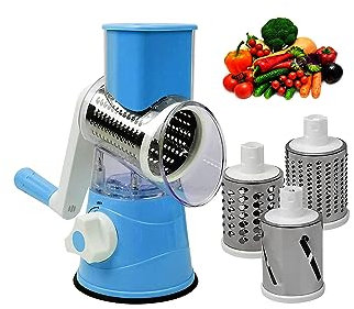 Mr. Gadget's Solutions Manual Tabletop Drum Cheese Grater, 3-in-1 Rotary Shredder Slicer, Stainless Steel, Blue