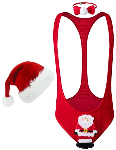 FEOYA Men's Sexy Bow Tie Bodysuit Thong Santa Mankini Man And Christmas Hat Cosplay Costume V-String Underwear for Men Funny G-String Pants Joke Gift Secret Santa Xmas D One Size