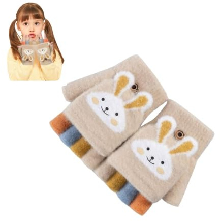 YMMMY ROSE Kids Convertible Knit Mittens Flip Top Fingerless Gloves Bunny Cartoon Cat Soft Knit Half Finger Gloves Wool Cold Weather Gloves with Cover for Girls Boys 5-10 Yrs