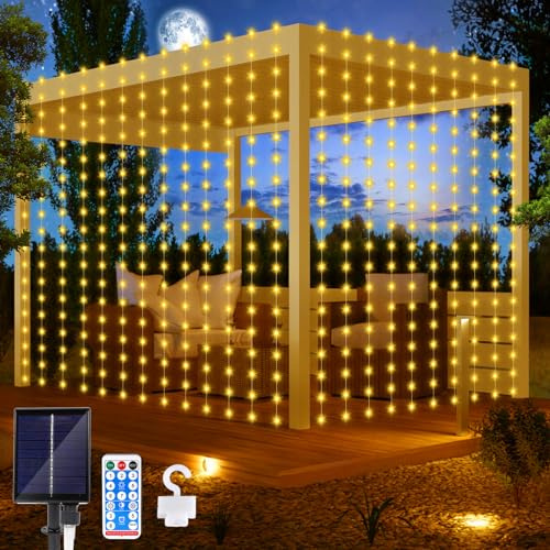 Solar Lichterketten Aussen, Solar Lichtervorhang 3Mx3M 300 LED Wasserfall Lichterkette 8 Modi Wasserdichte Vorhang Lichter mit Fernbedienung für Weihnachten Hochzeit Party Garten Dekorationen