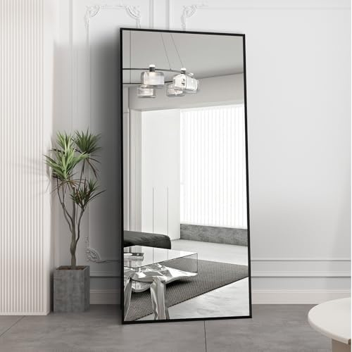 AUFHELLEN Standspiegel mit Schwarz Metallrahmen 180x80cm Ganzkörperspiegel | Rahmen aus Aluminiumlegierung, Gehärtetes Glas, Stehend Lehnend oder Hängend an der Wand für Schlafzimmer, Wohnzimmer Flur